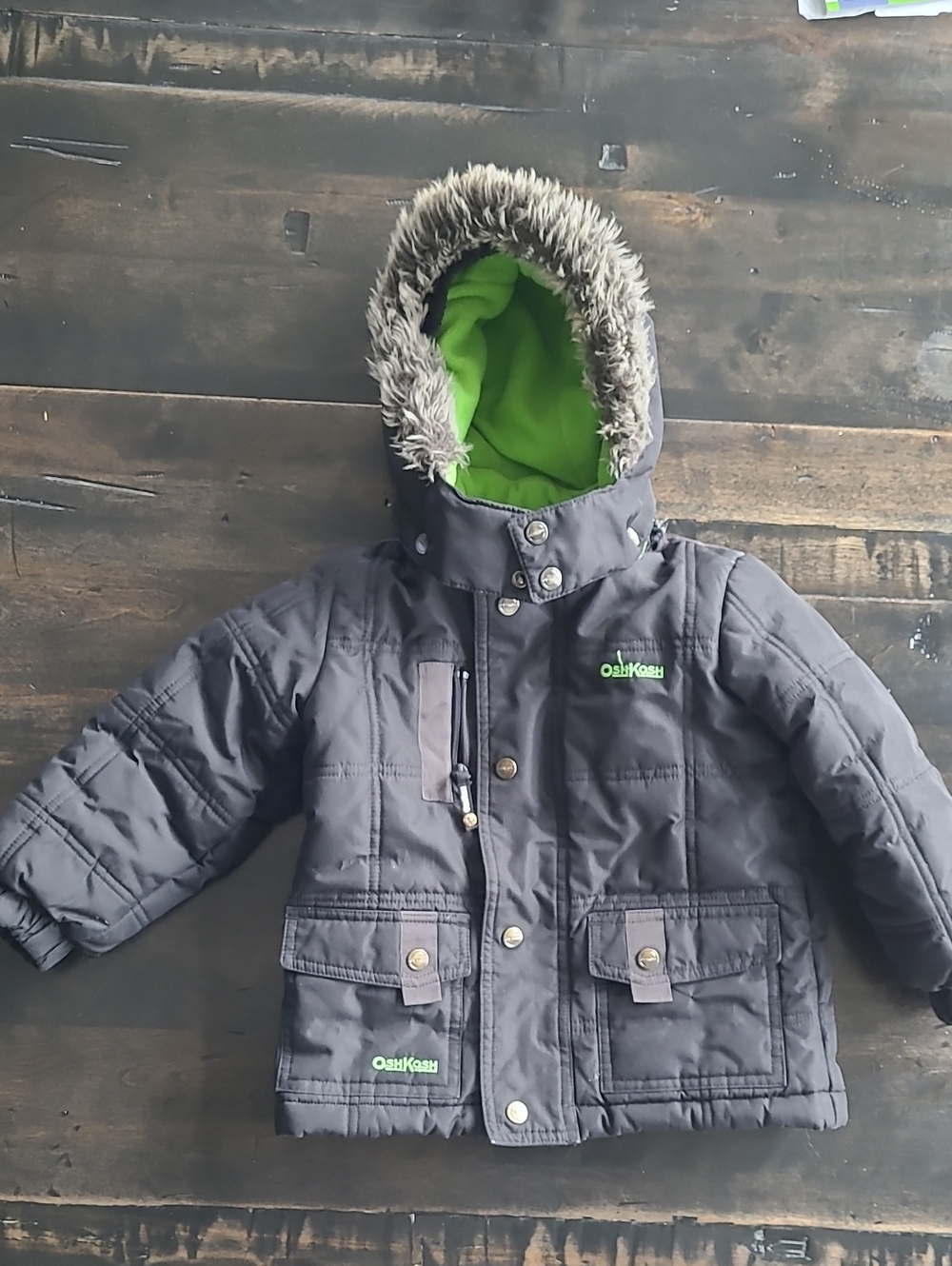 Size 3T OshKosh B'gosh Kids' Black Winter Jacket with Lime Green Lining